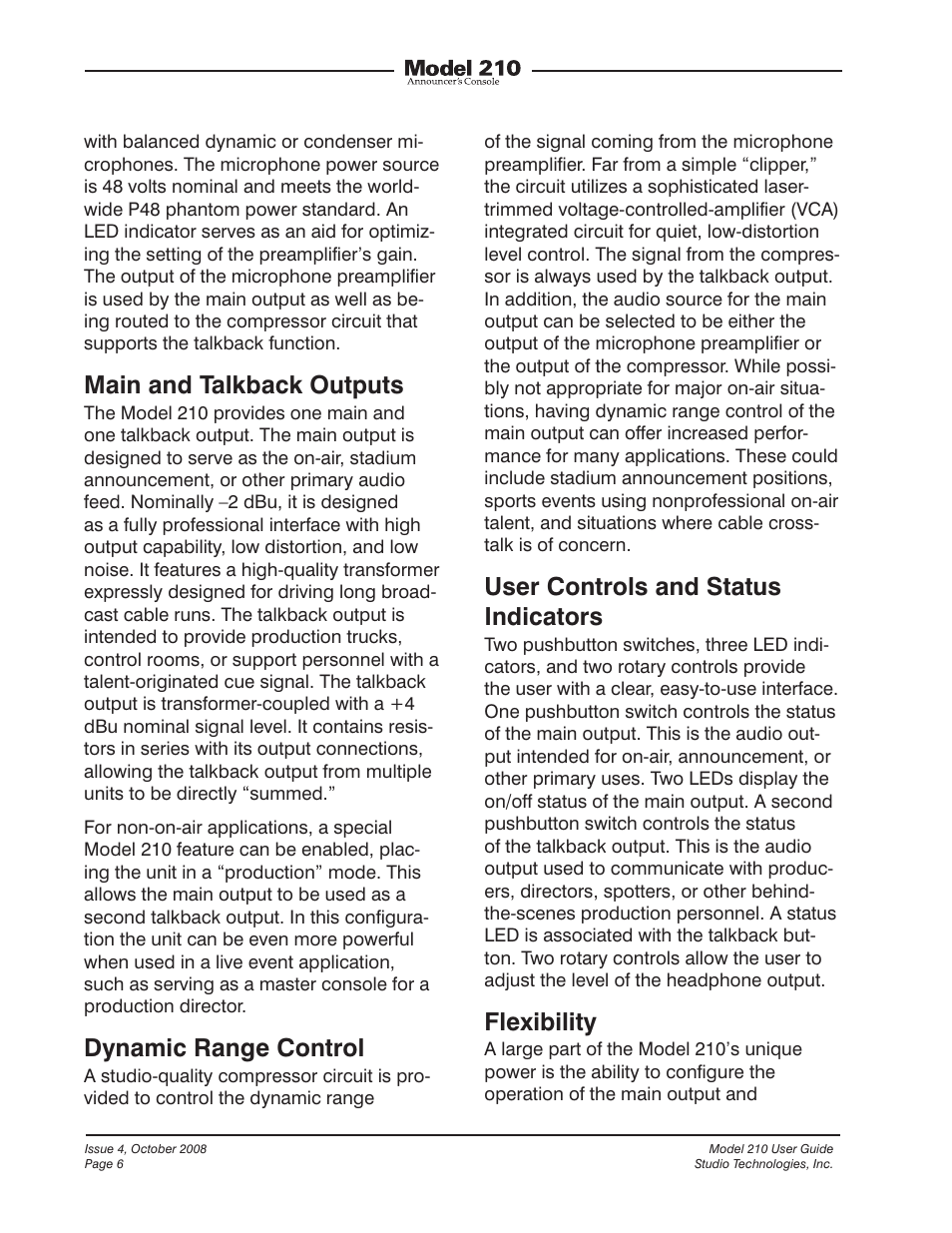 Main and talkback outputs, Dynamic range control, User controls and status indicators | Flexibility | Studio Technologies 210 2008 User Manual | Page 6 / 37