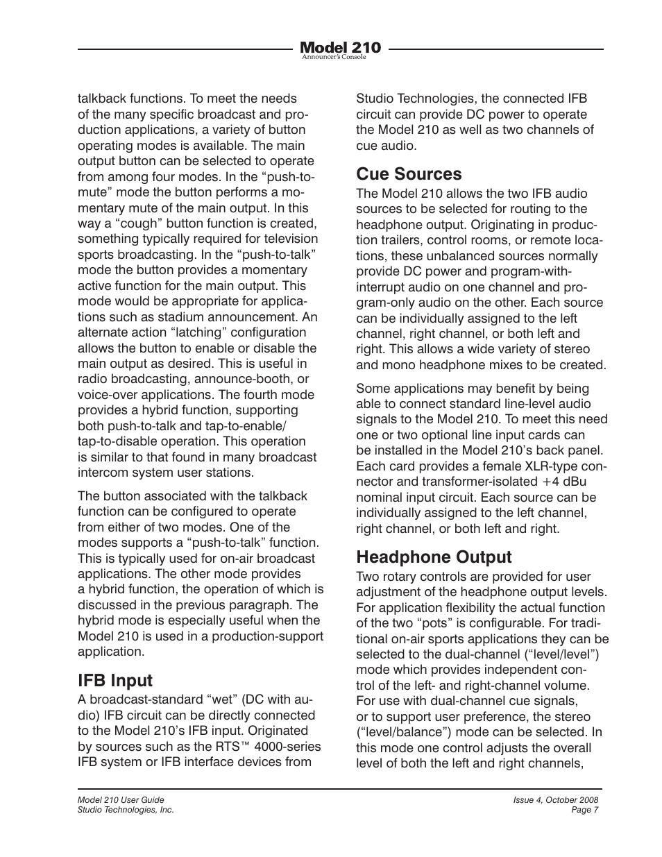 Ifb input, Cue sources, Headphone output | Studio Technologies 210 2008 User Manual | Page 7 / 37