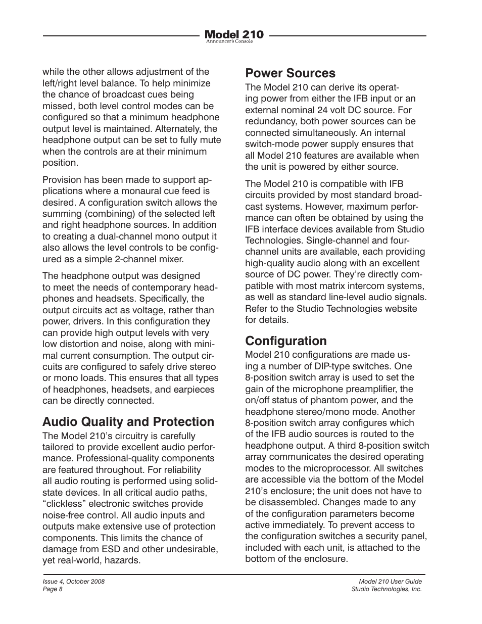 Audio quality and protection, Power sources, Configuration | Studio Technologies 210 2008 User Manual | Page 8 / 37