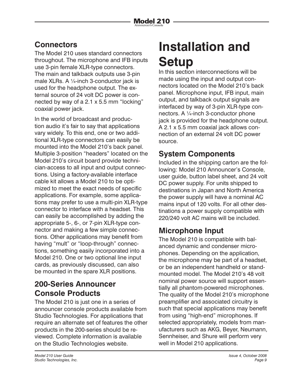 Installation and setup, Connectors, Series announcer console products | System components, Microphone input | Studio Technologies 210 2008 User Manual | Page 9 / 37