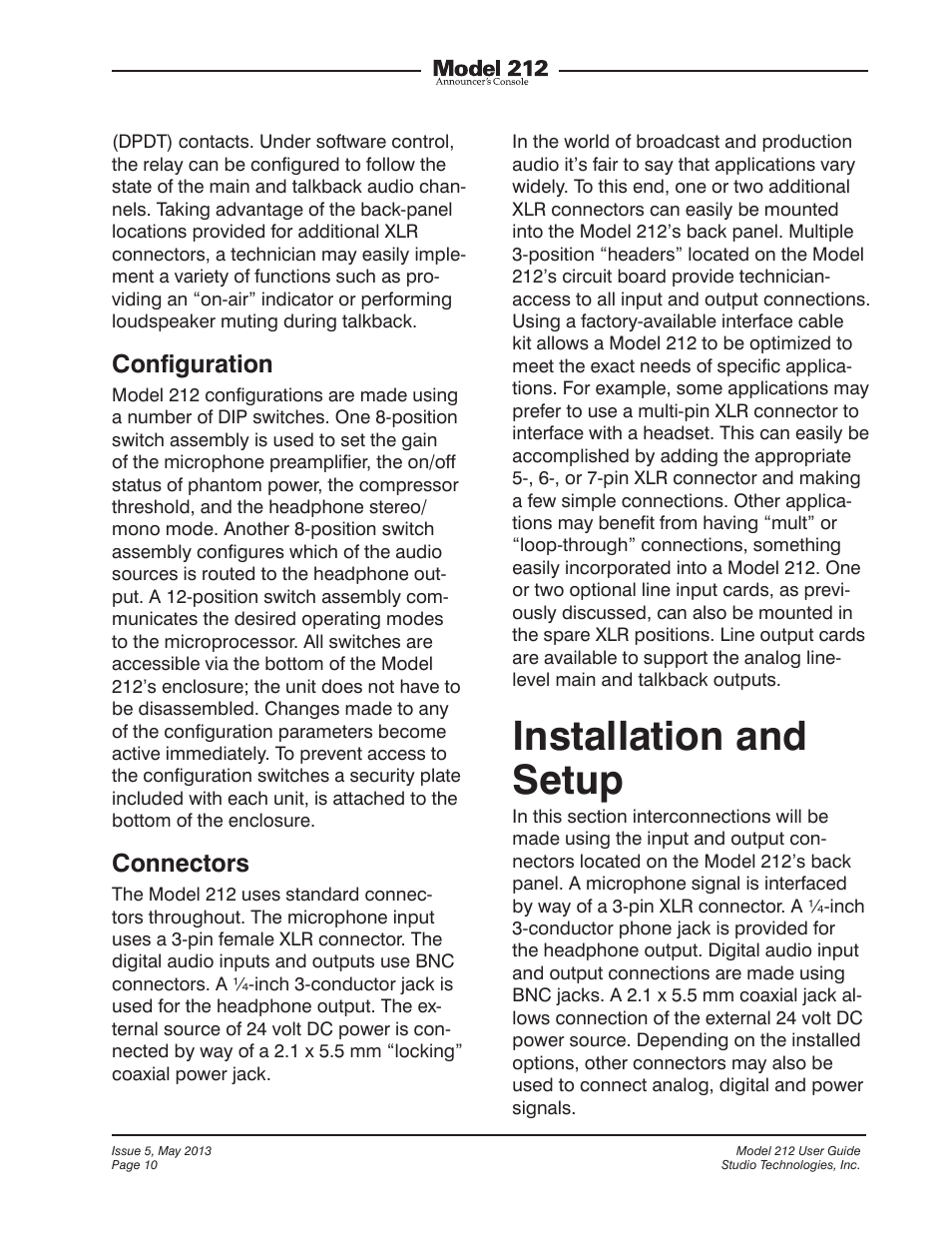 Installation and setup, Conﬁguration, Connectors | Studio Technologies 212 2013 User Manual | Page 10 / 37