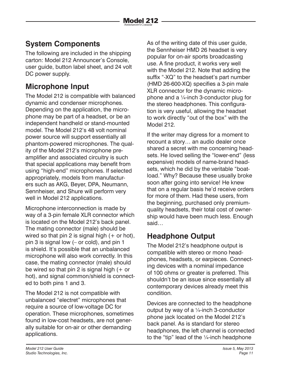 System components, Microphone input, Headphone output | Studio Technologies 212 2013 User Manual | Page 11 / 37