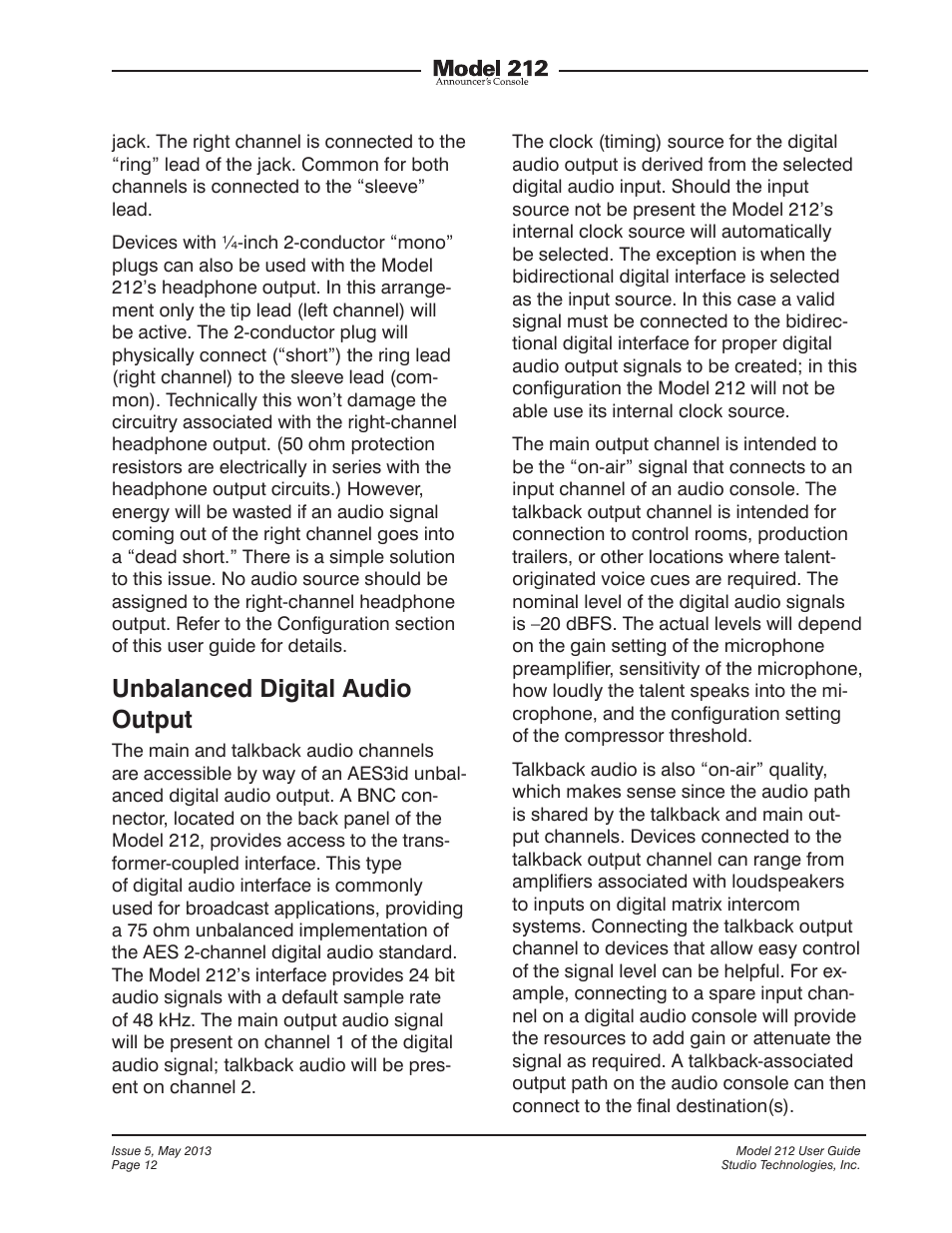Unbalanced digital audio output | Studio Technologies 212 2013 User Manual | Page 12 / 37