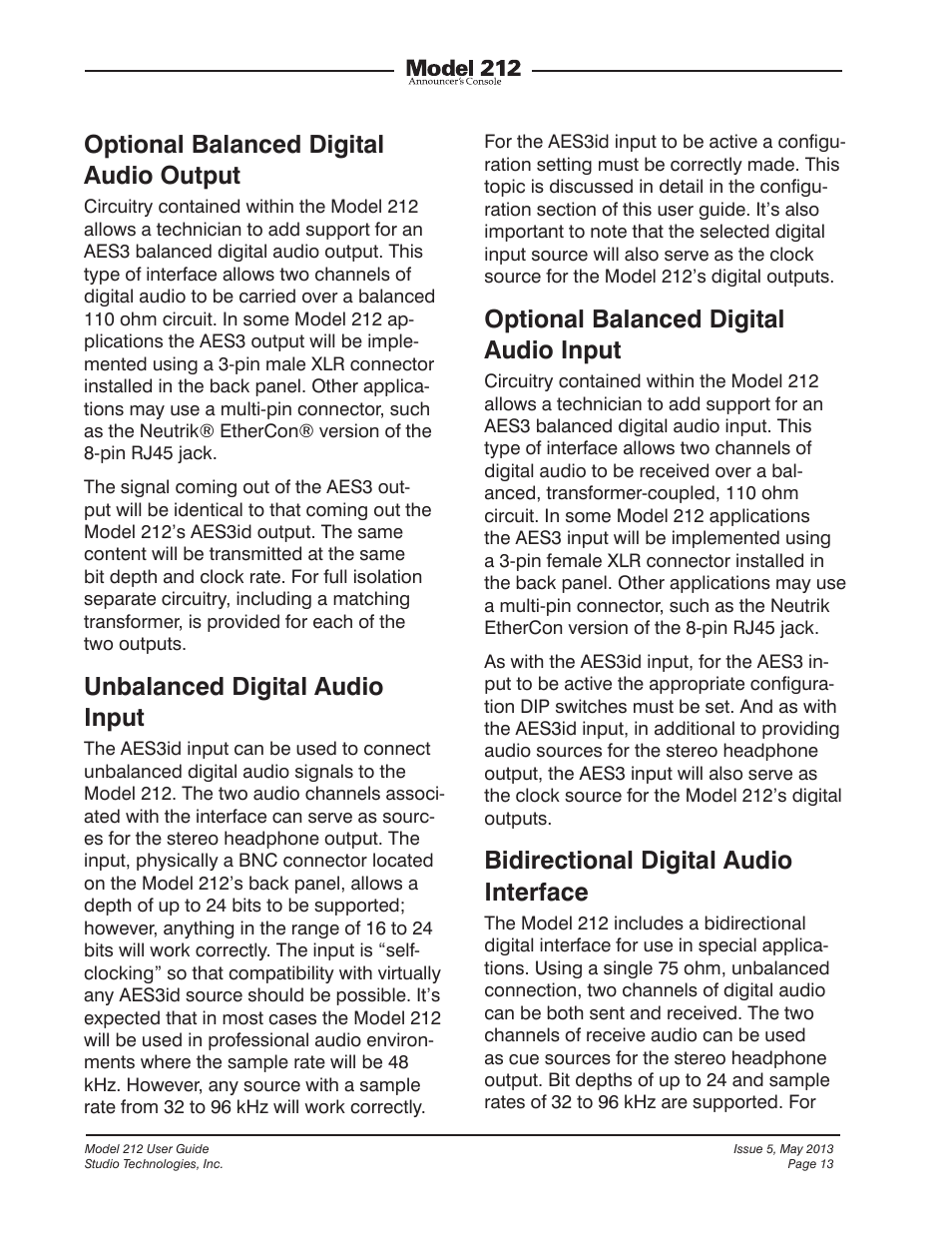 Optional balanced digital audio output, Unbalanced digital audio input, Optional balanced digital audio input | Bidirectional digital audio interface | Studio Technologies 212 2013 User Manual | Page 13 / 37