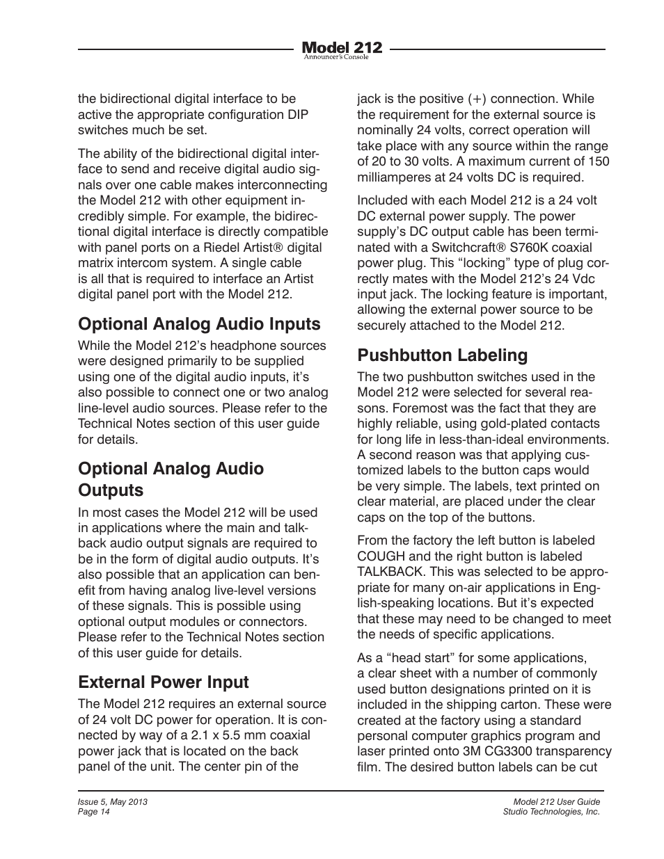 Optional analog audio inputs, Optional analog audio outputs, External power input | Pushbutton labeling | Studio Technologies 212 2013 User Manual | Page 14 / 37