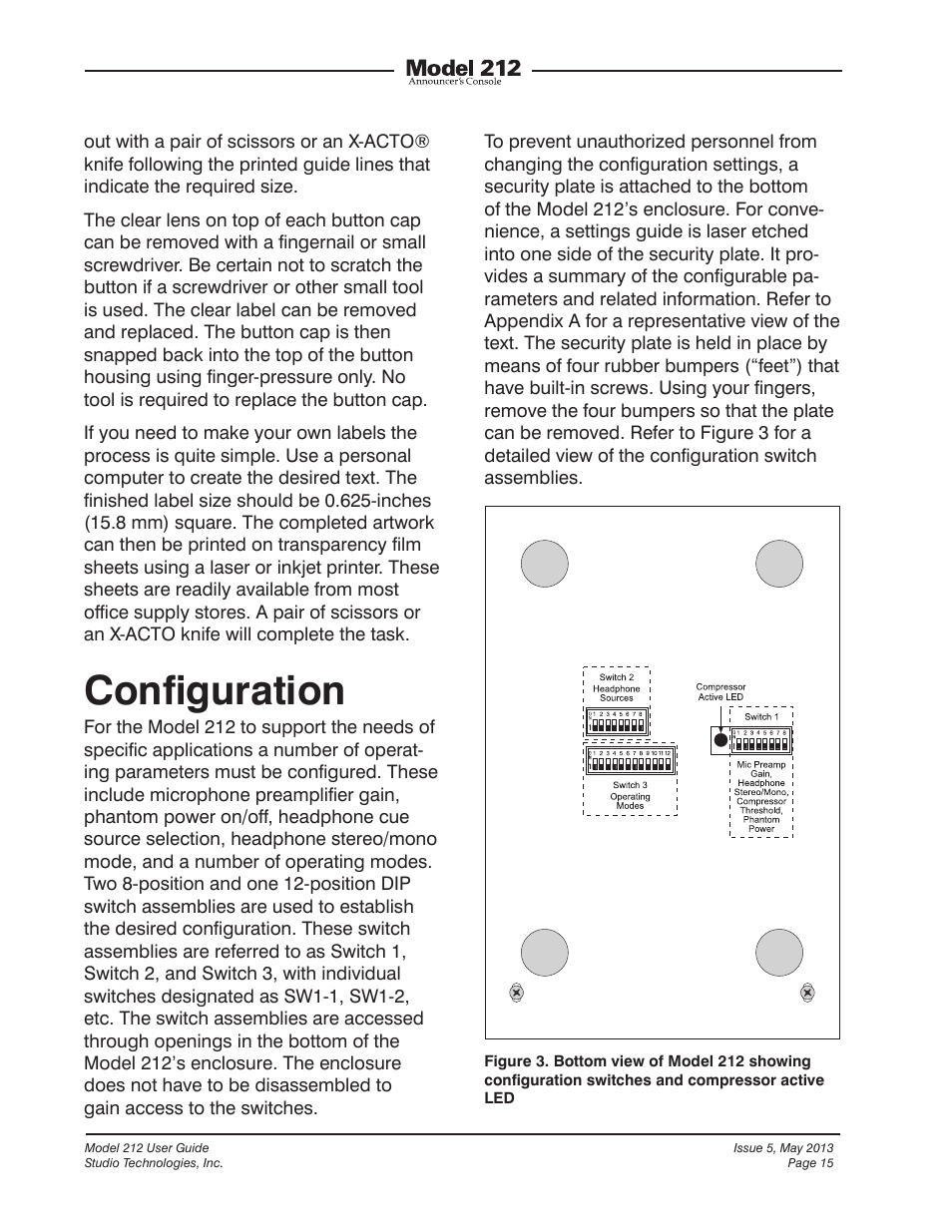 Configuration, Conﬁguration | Studio Technologies 212 2013 User Manual | Page 15 / 37