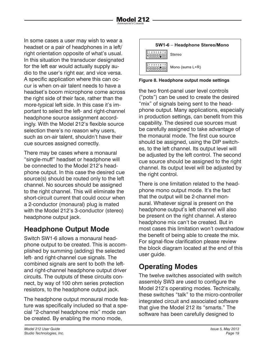 Headphone output mode, Operating modes | Studio Technologies 212 2013 User Manual | Page 19 / 37