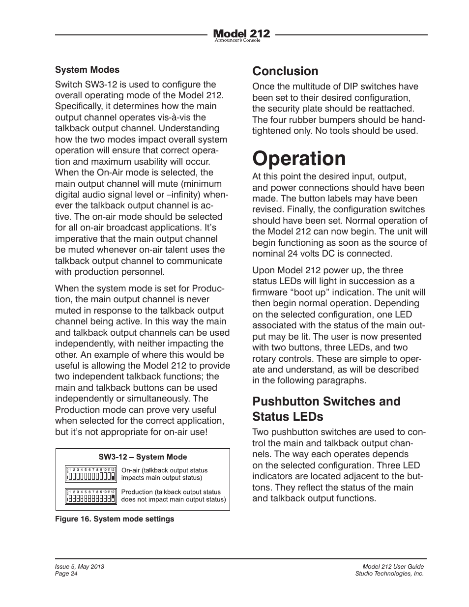 Operation, Conclusion, Pushbutton switches and status leds | Studio Technologies 212 2013 User Manual | Page 24 / 37