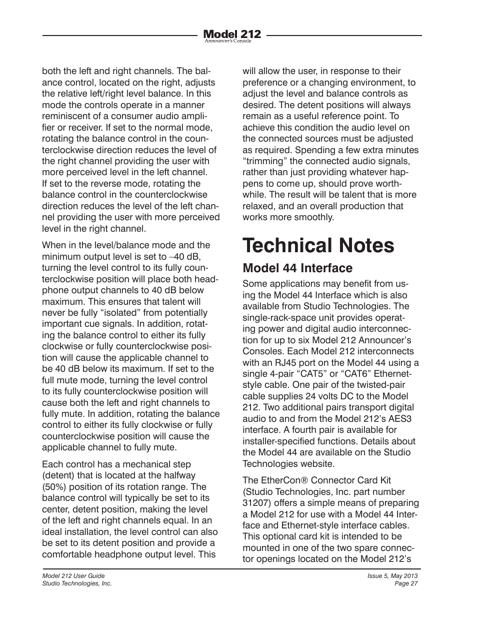 Technical notes, Model 44 interface | Studio Technologies 212 2013 User Manual | Page 27 / 37