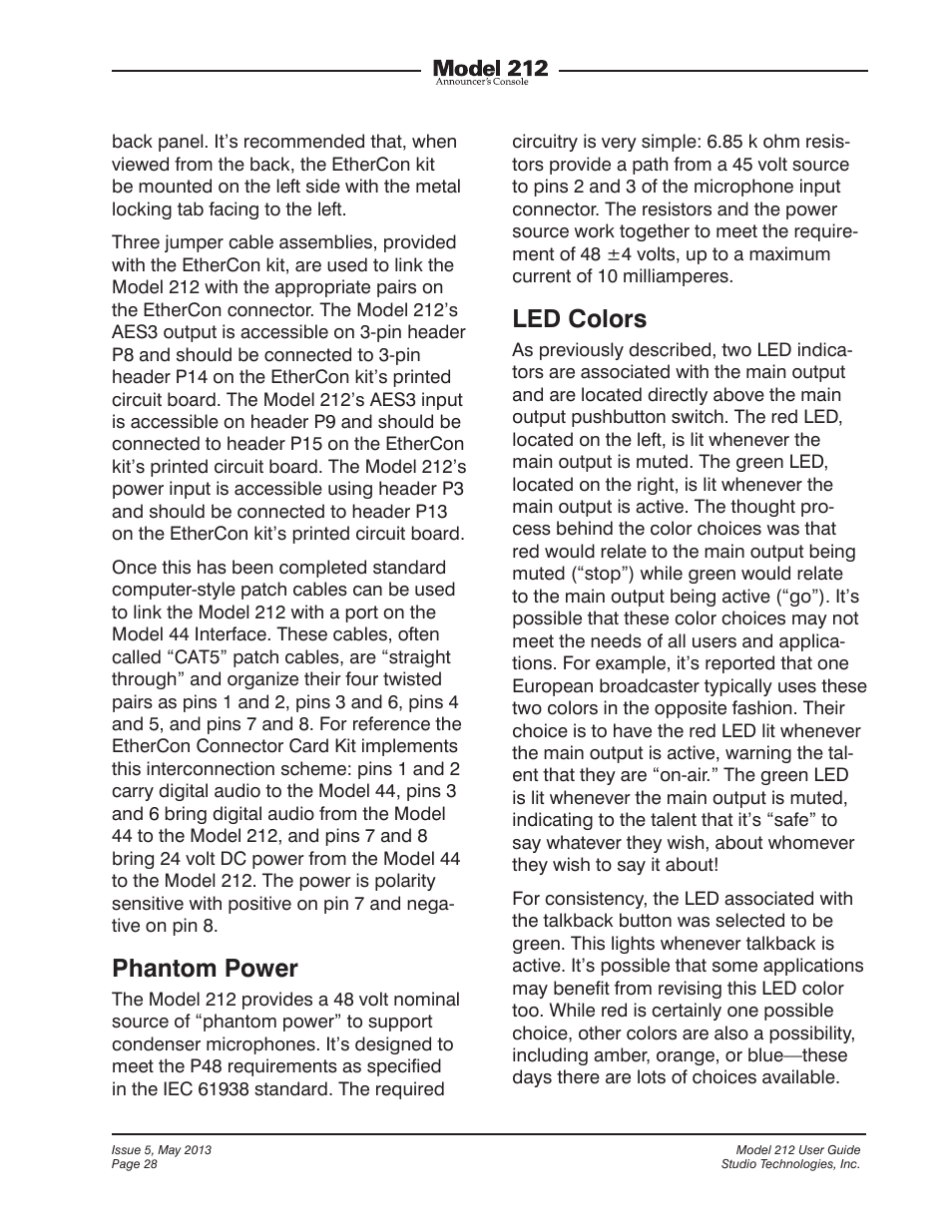 Phantom power, Led colors | Studio Technologies 212 2013 User Manual | Page 28 / 37