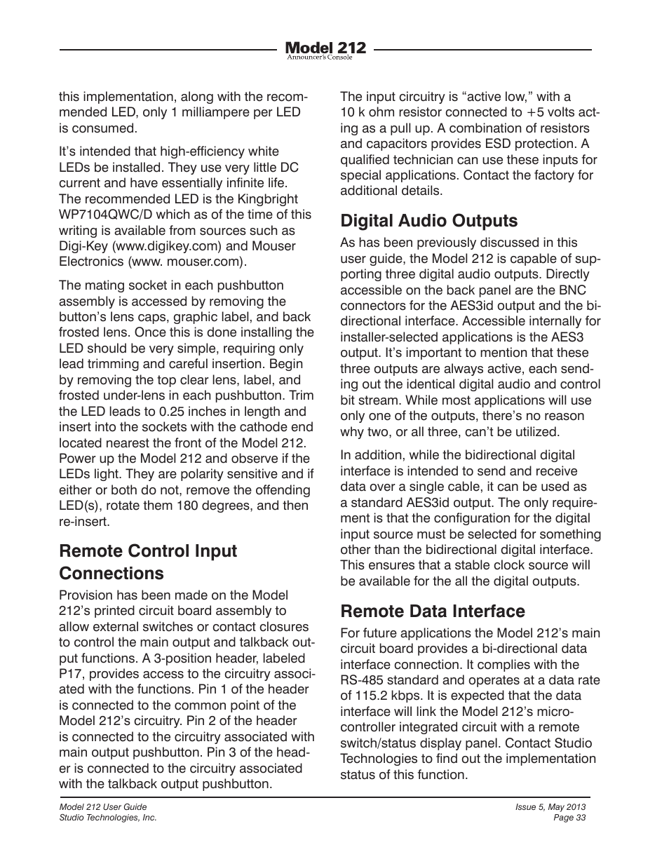 Remote control input connections, Digital audio outputs, Remote data interface | Studio Technologies 212 2013 User Manual | Page 33 / 37