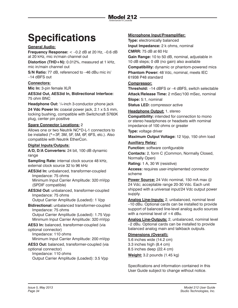 Specifications, Speciﬁcations | Studio Technologies 212 2013 User Manual | Page 34 / 37