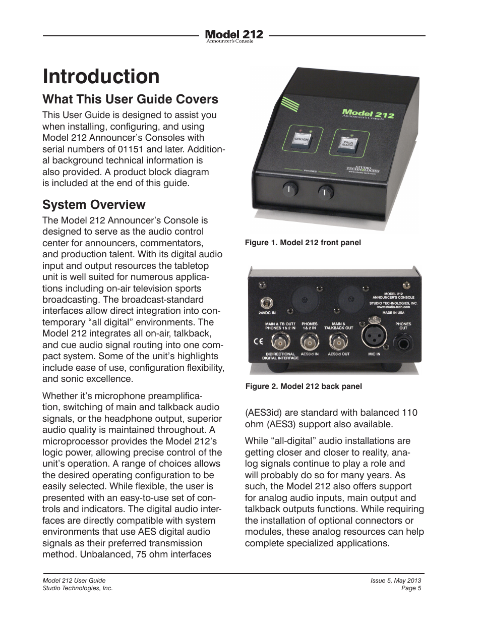 Introduction, What this user guide covers, System overview | Studio Technologies 212 2013 User Manual | Page 5 / 37