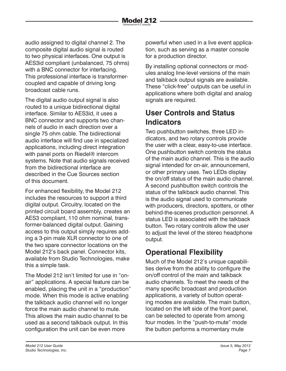 User controls and status indicators, Operational flexibility | Studio Technologies 212 2013 User Manual | Page 7 / 37