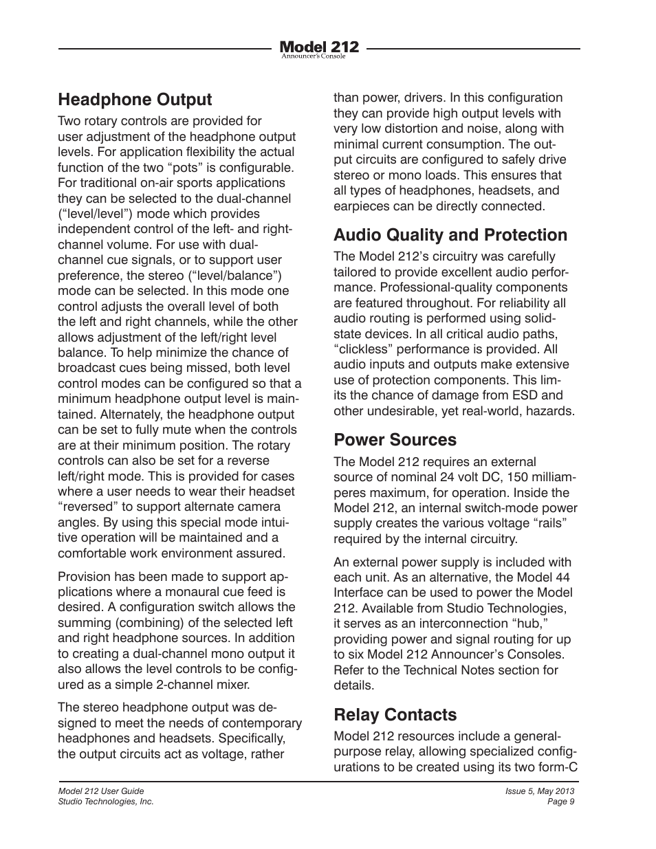 Headphone output, Audio quality and protection, Power sources | Relay contacts | Studio Technologies 212 2013 User Manual | Page 9 / 37