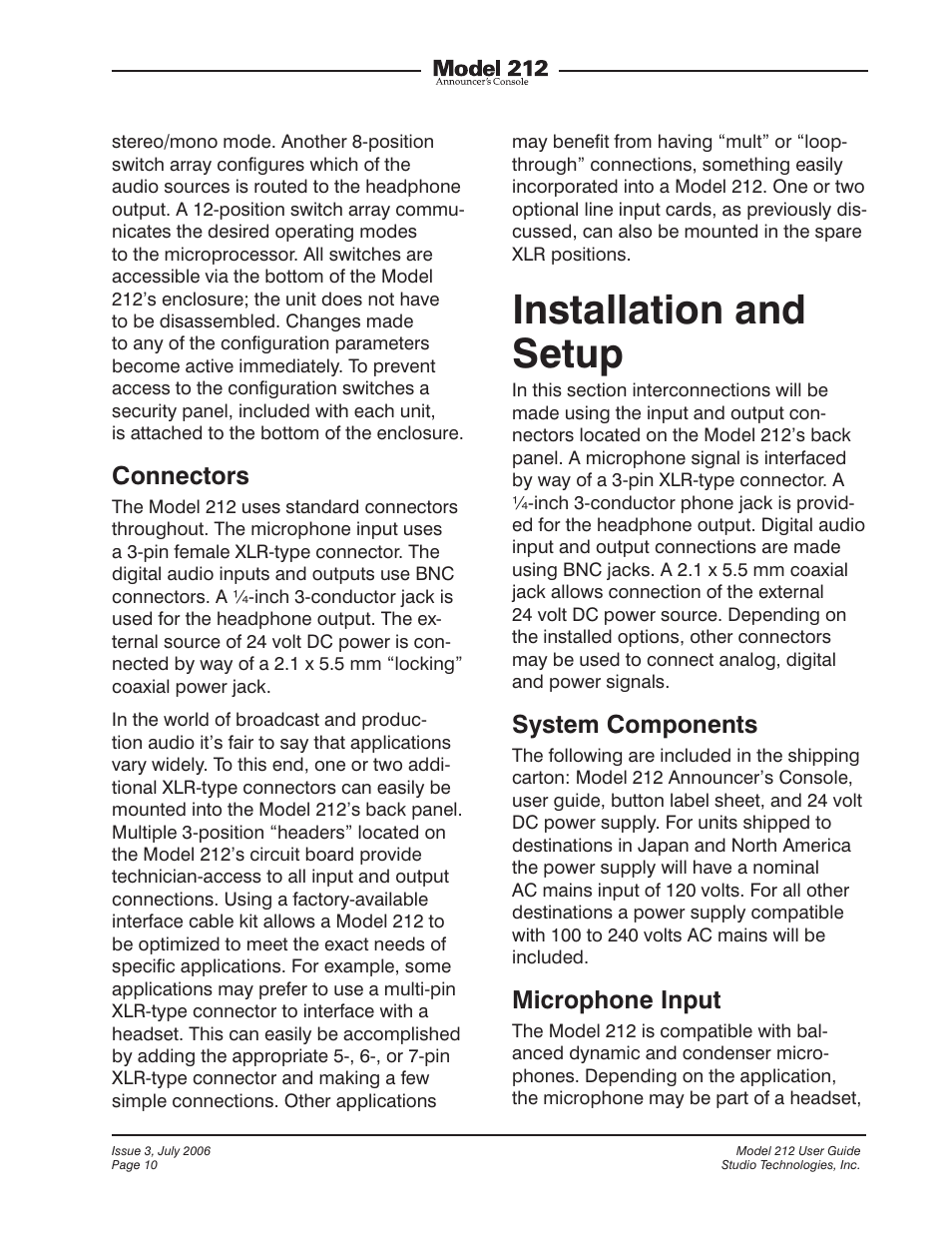 Installation and setup, Connectors, System components | Microphone input | Studio Technologies 212 2006 User Manual | Page 10 / 37