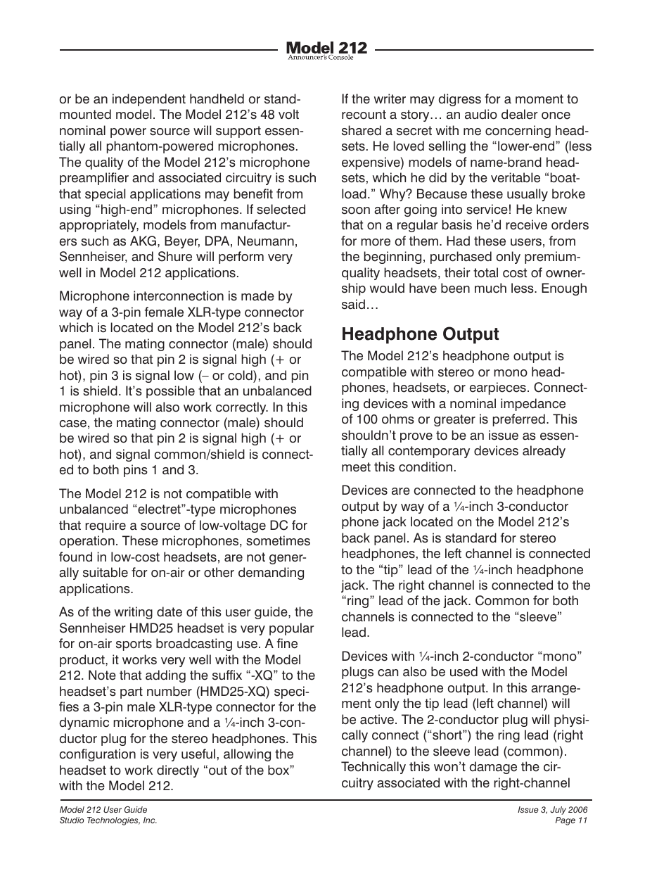 Headphone output | Studio Technologies 212 2006 User Manual | Page 11 / 37