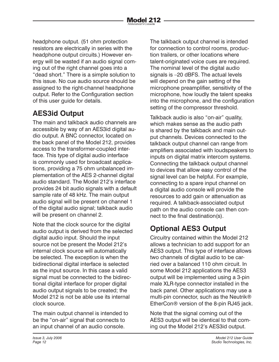 Aes3id output, Optional aes3 output | Studio Technologies 212 2006 User Manual | Page 12 / 37