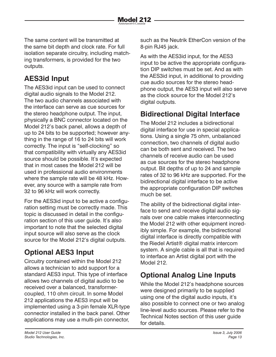 Aes3id input, Optional aes3 input, Bidirectional digital interface | Optional analog line inputs | Studio Technologies 212 2006 User Manual | Page 13 / 37