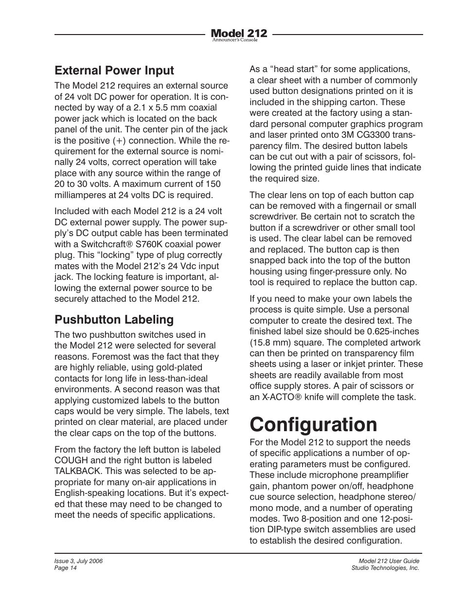 Configuration, External power input, Pushbutton labeling | Studio Technologies 212 2006 User Manual | Page 14 / 37