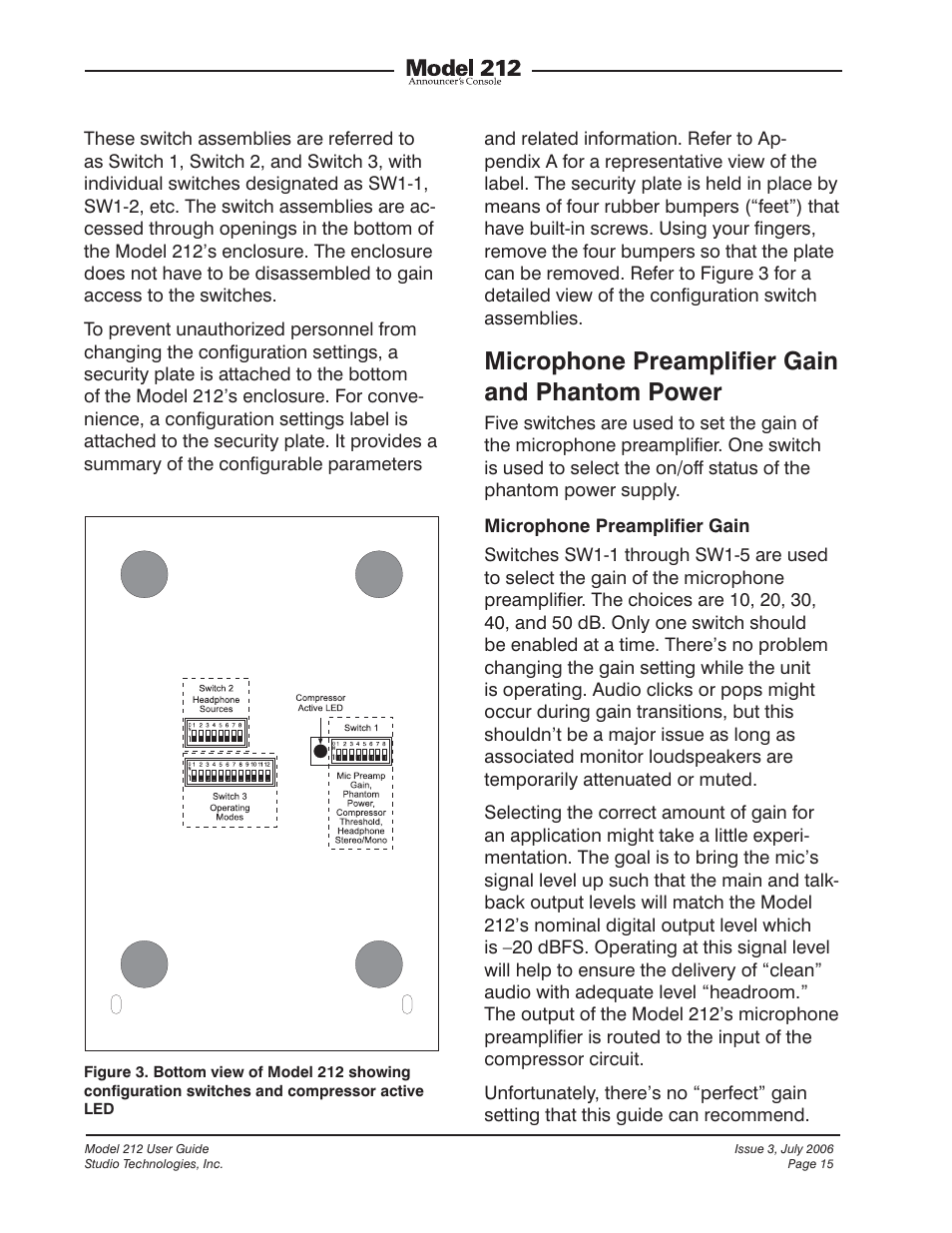 Microphone preamplifier gain and phantom power | Studio Technologies 212 2006 User Manual | Page 15 / 37