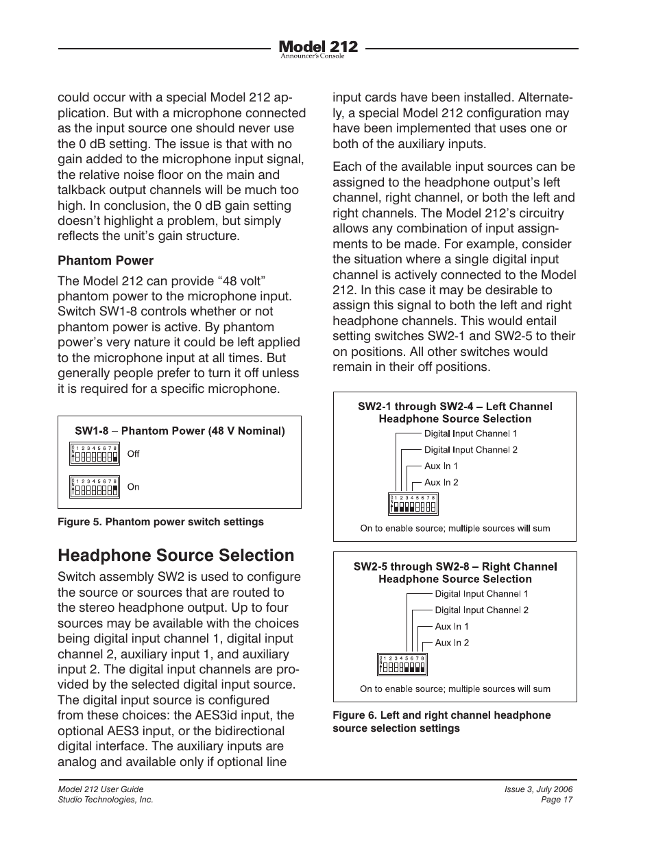 Headphone source selection | Studio Technologies 212 2006 User Manual | Page 17 / 37