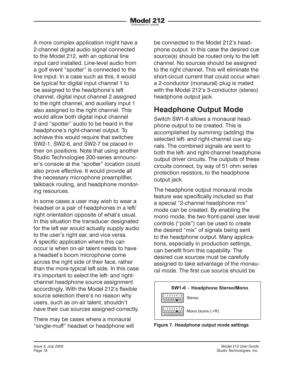 Headphone output mode | Studio Technologies 212 2006 User Manual | Page 18 / 37