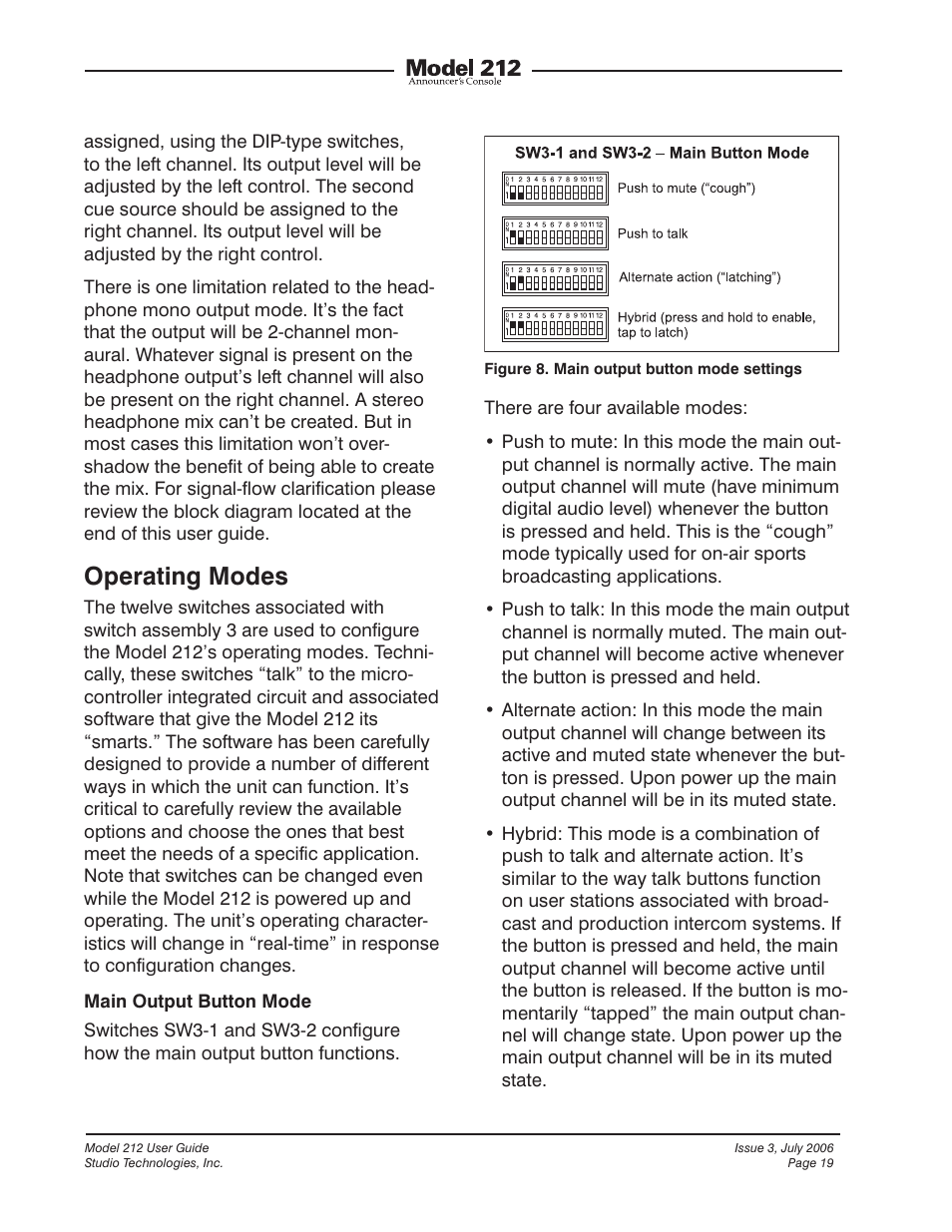 Operating modes | Studio Technologies 212 2006 User Manual | Page 19 / 37