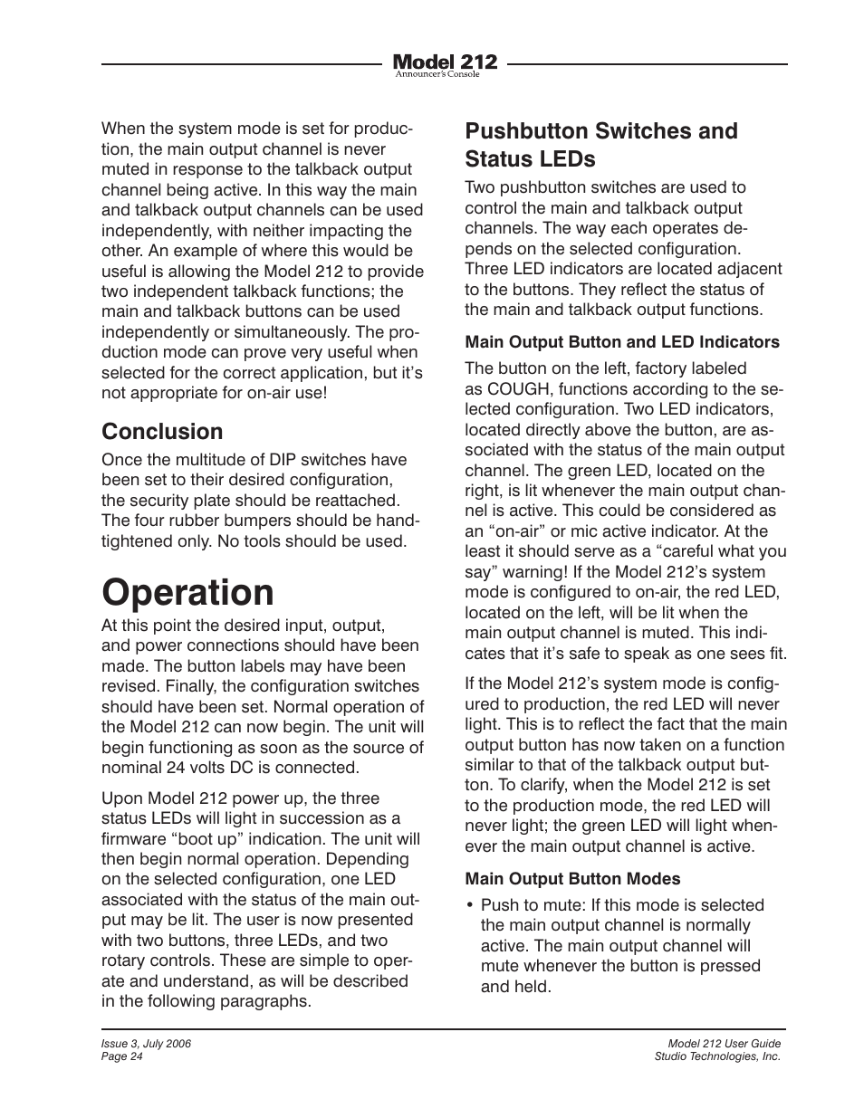 Operation, Conclusion, Pushbutton switches and status leds | Studio Technologies 212 2006 User Manual | Page 24 / 37