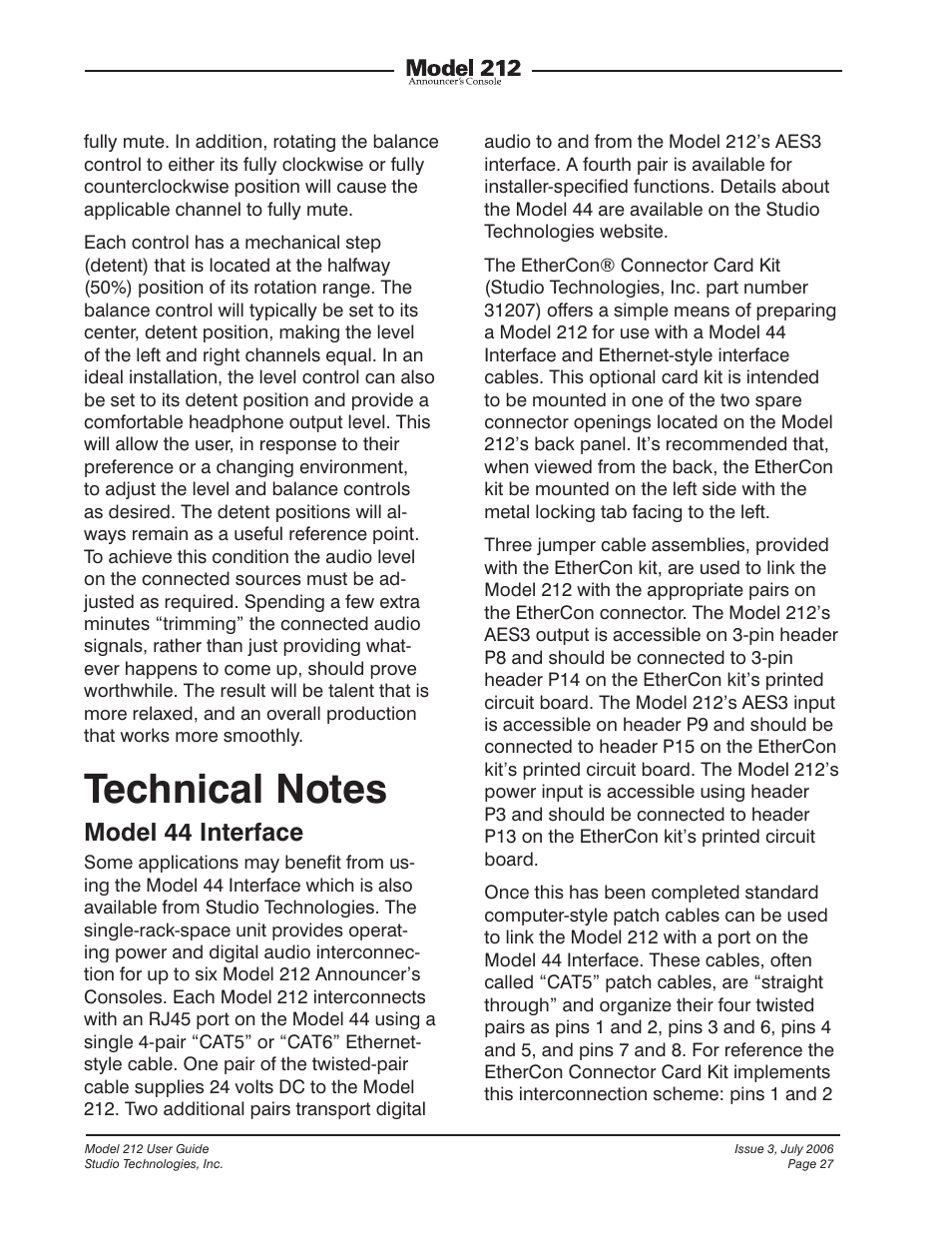 Technical notes, Model 44 interface | Studio Technologies 212 2006 User Manual | Page 27 / 37