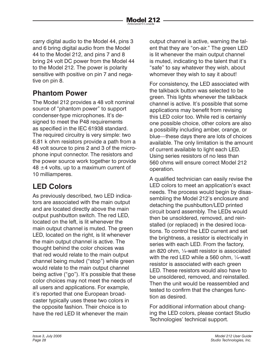 Phantom power, Led colors | Studio Technologies 212 2006 User Manual | Page 28 / 37