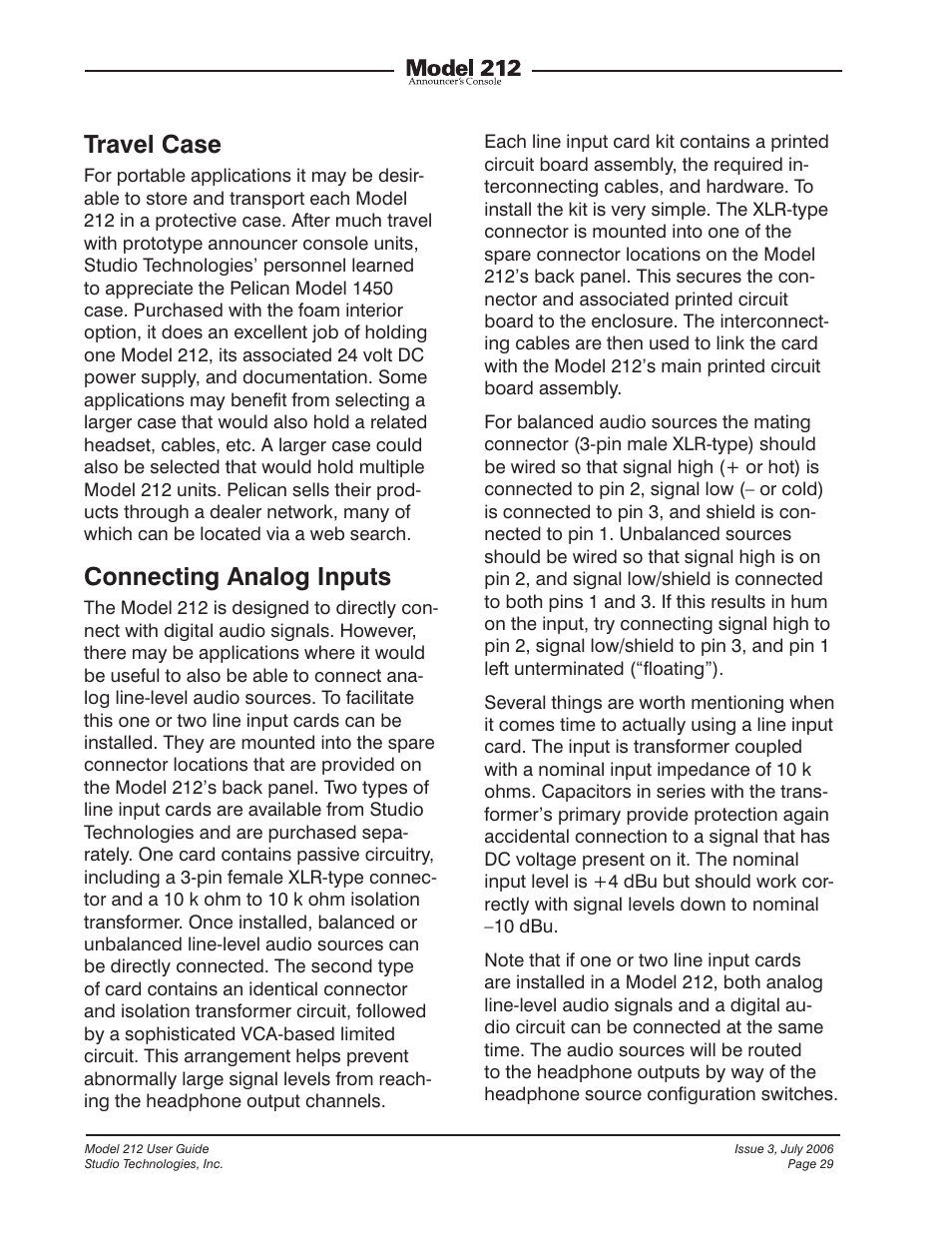 Travel case, Connecting analog inputs | Studio Technologies 212 2006 User Manual | Page 29 / 37