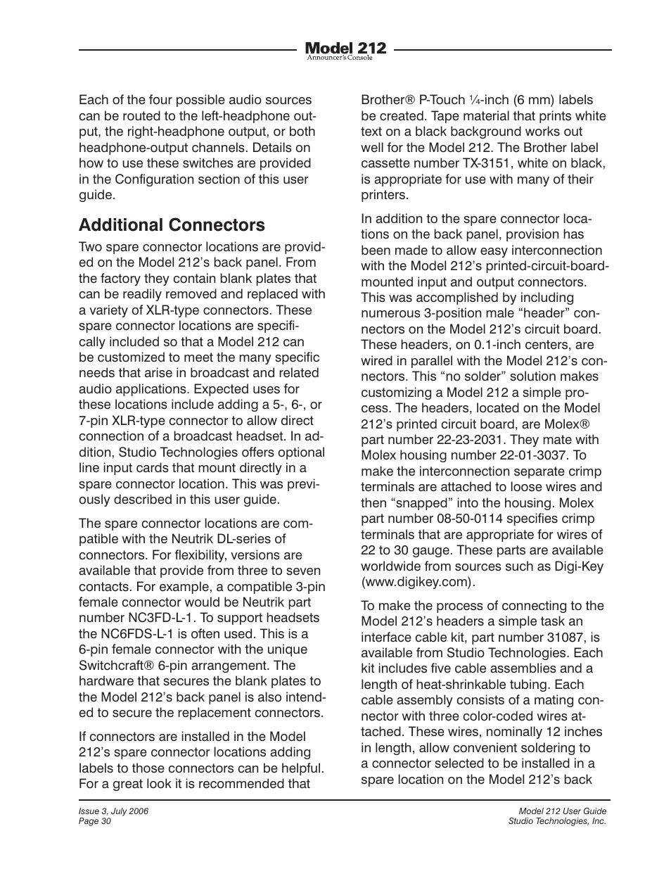 Additional connectors | Studio Technologies 212 2006 User Manual | Page 30 / 37