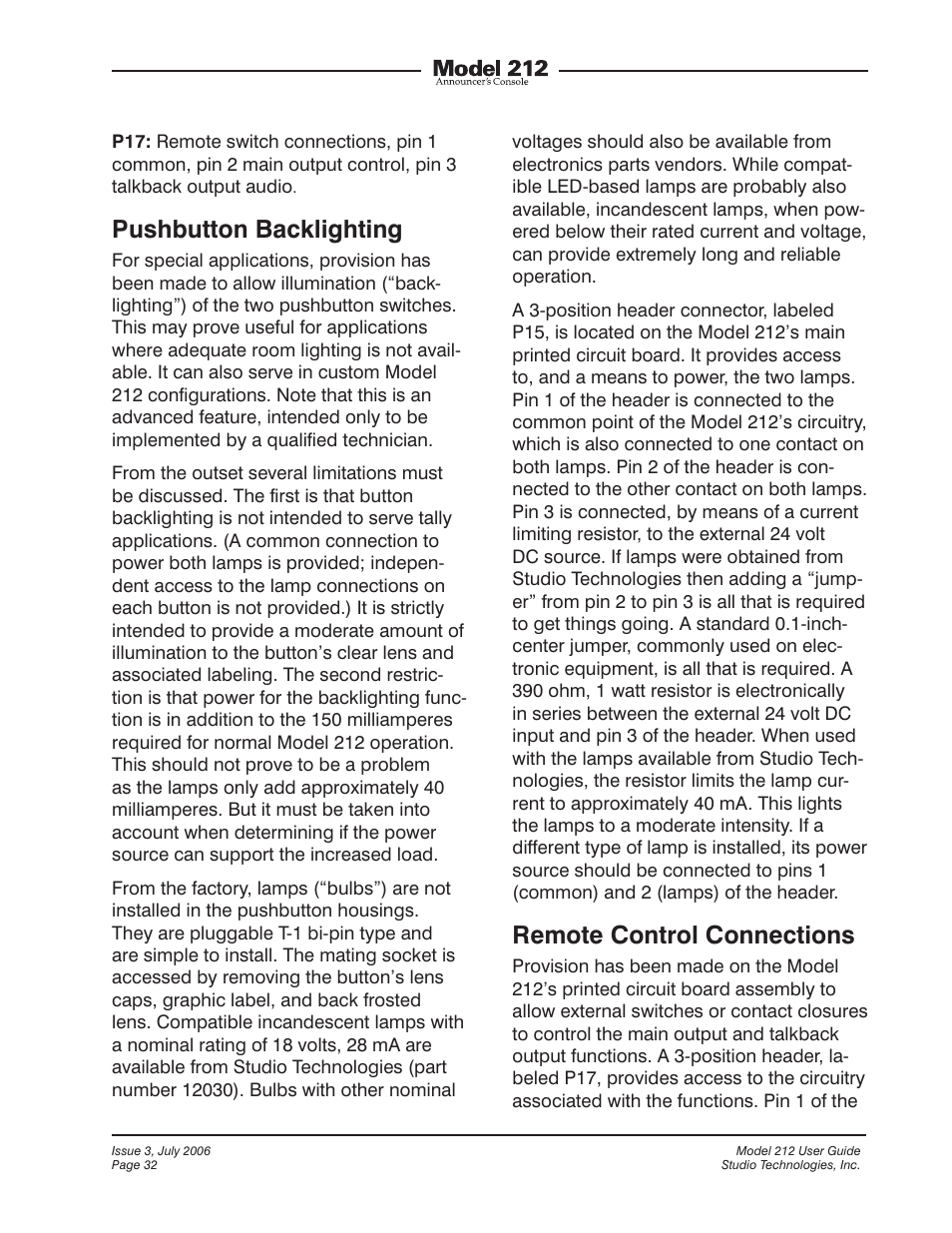 Pushbutton backlighting, Remote control connections | Studio Technologies 212 2006 User Manual | Page 32 / 37