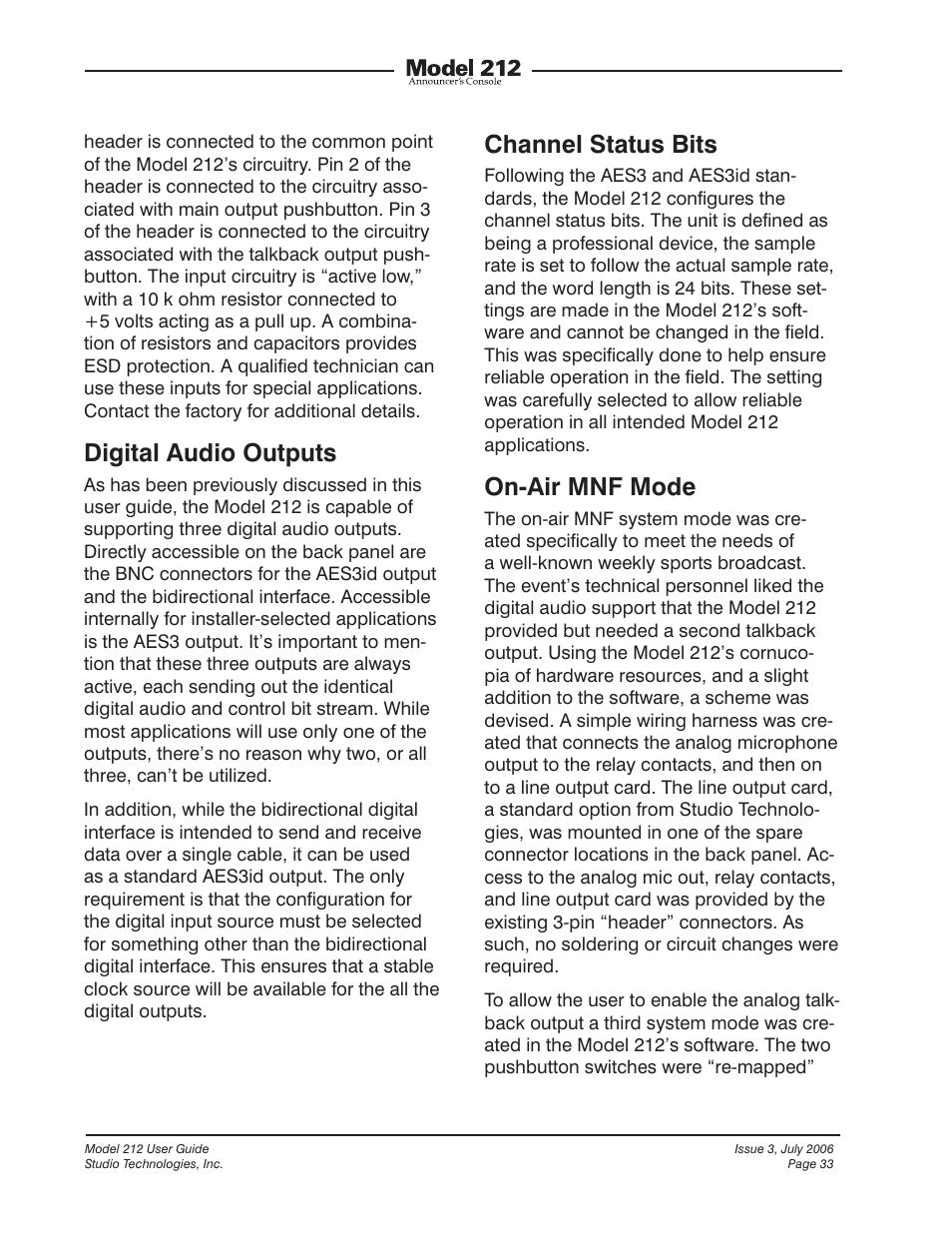 Digital audio outputs, Channel status bits, On-air mnf mode | Studio Technologies 212 2006 User Manual | Page 33 / 37