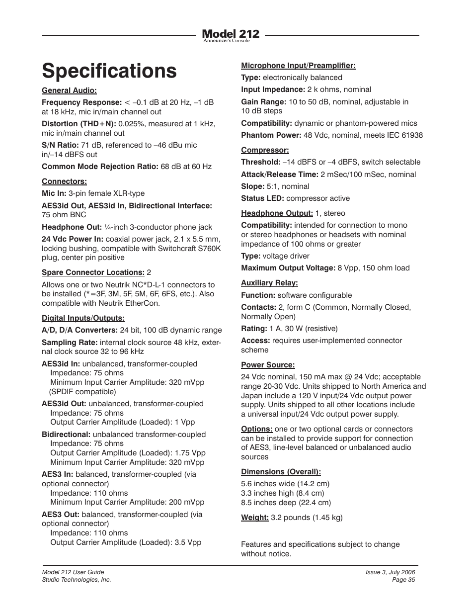 Specifications | Studio Technologies 212 2006 User Manual | Page 35 / 37