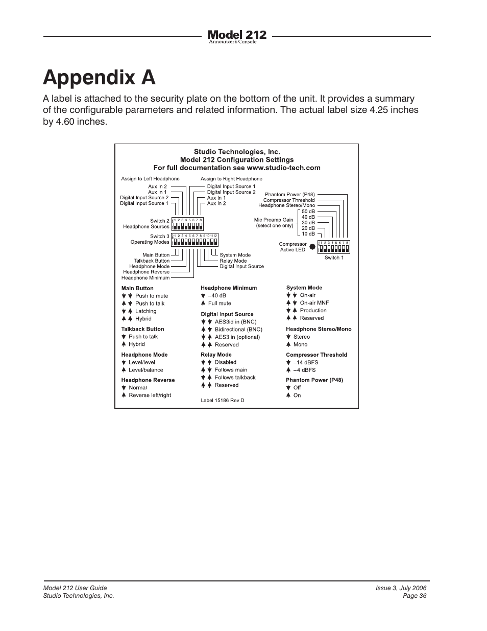 Appendix a | Studio Technologies 212 2006 User Manual | Page 36 / 37