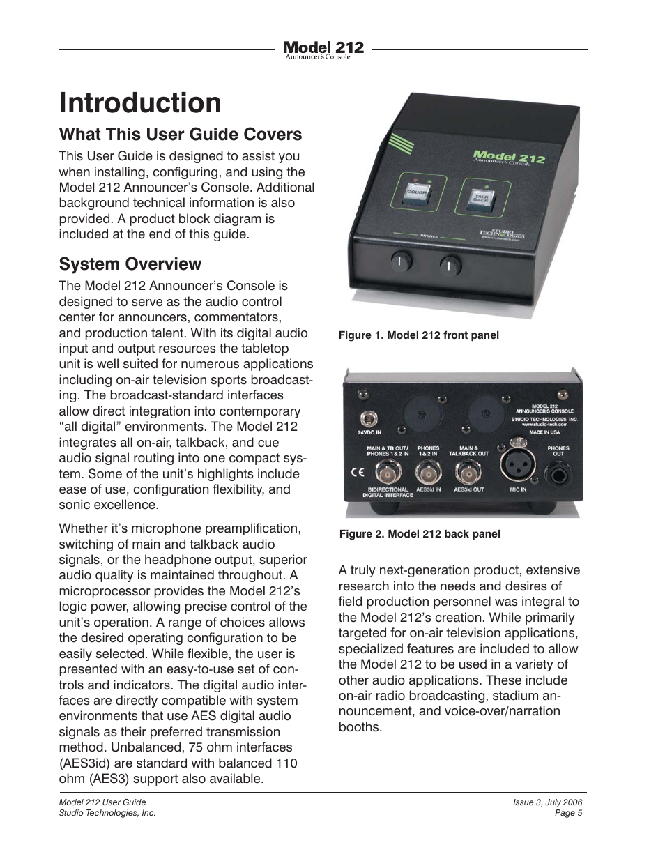 Introduction, What this user guide covers, System overview | Studio Technologies 212 2006 User Manual | Page 5 / 37