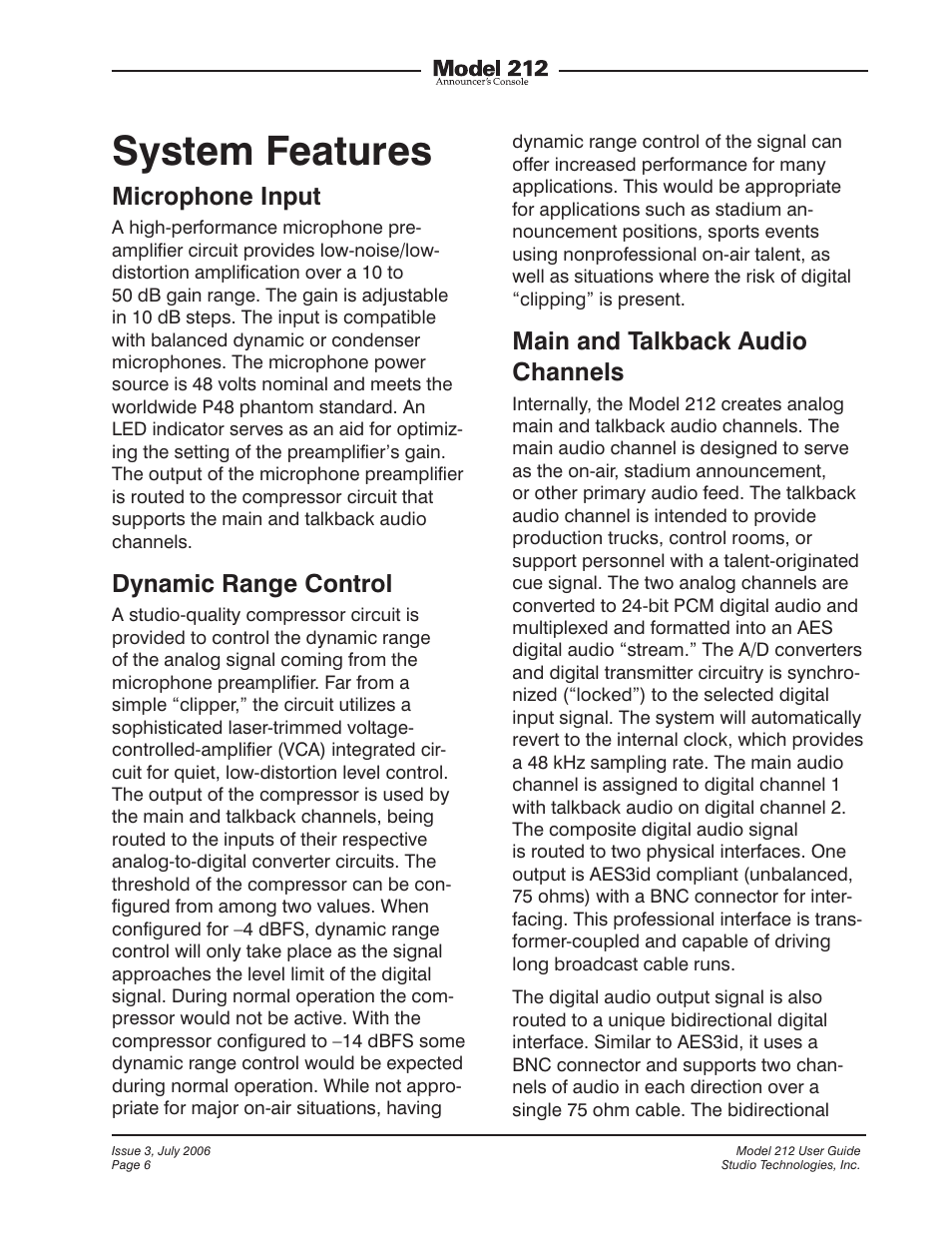 System features, Microphone input, Dynamic range control | Main and talkback audio channels | Studio Technologies 212 2006 User Manual | Page 6 / 37