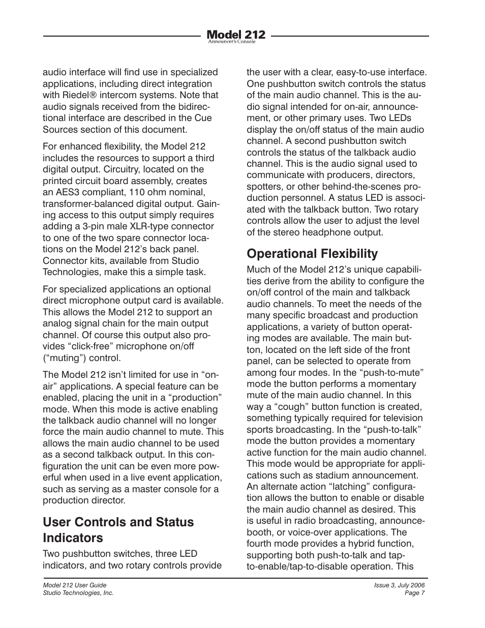 User controls and status indicators, Operational flexibility | Studio Technologies 212 2006 User Manual | Page 7 / 37