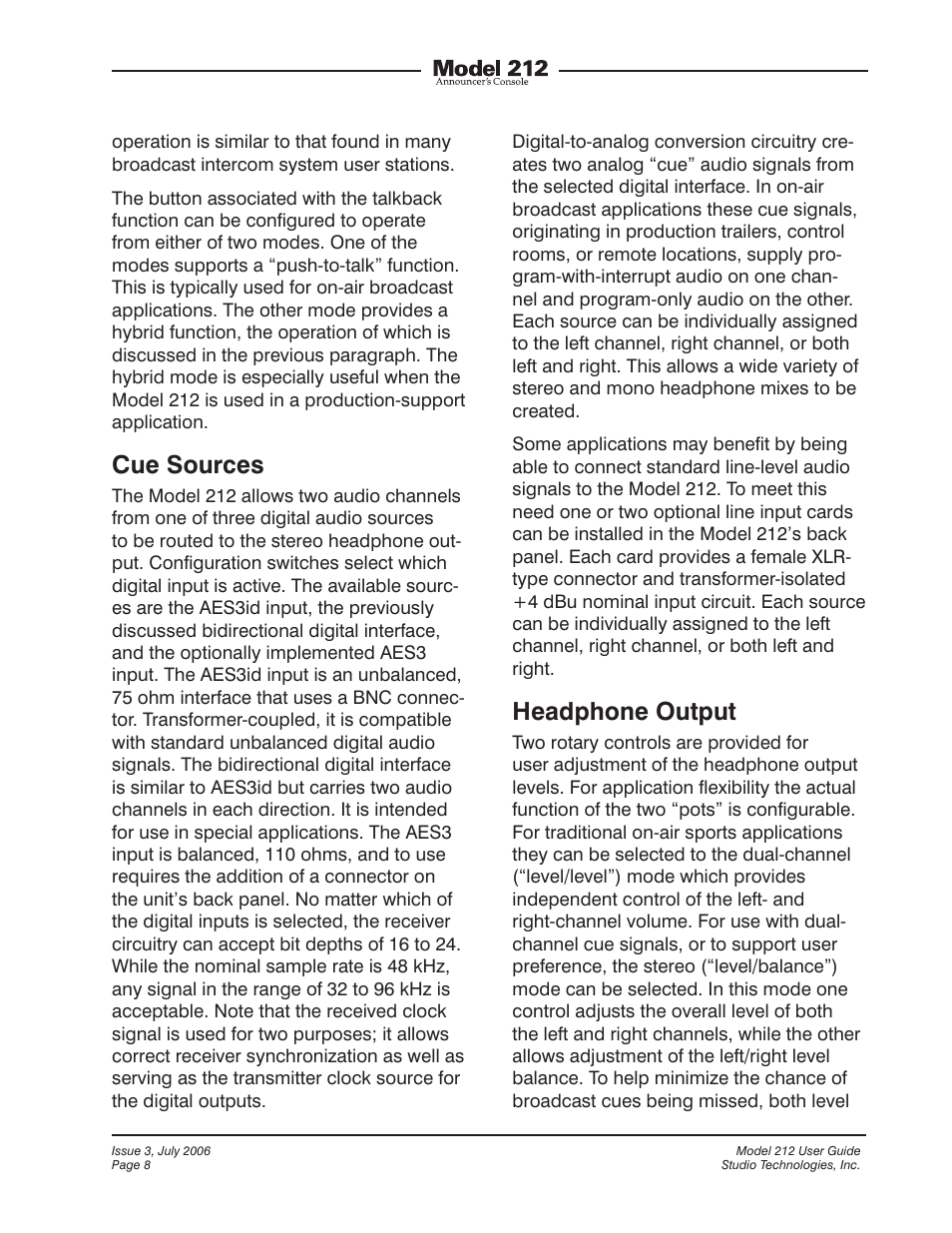 Cue sources, Headphone output | Studio Technologies 212 2006 User Manual | Page 8 / 37