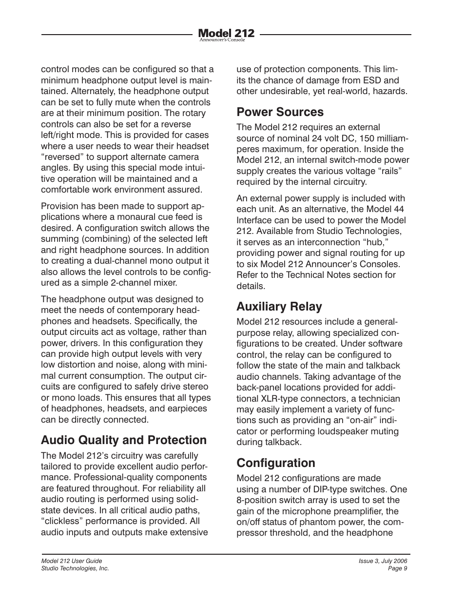 Audio quality and protection, Power sources, Auxiliary relay | Configuration | Studio Technologies 212 2006 User Manual | Page 9 / 37