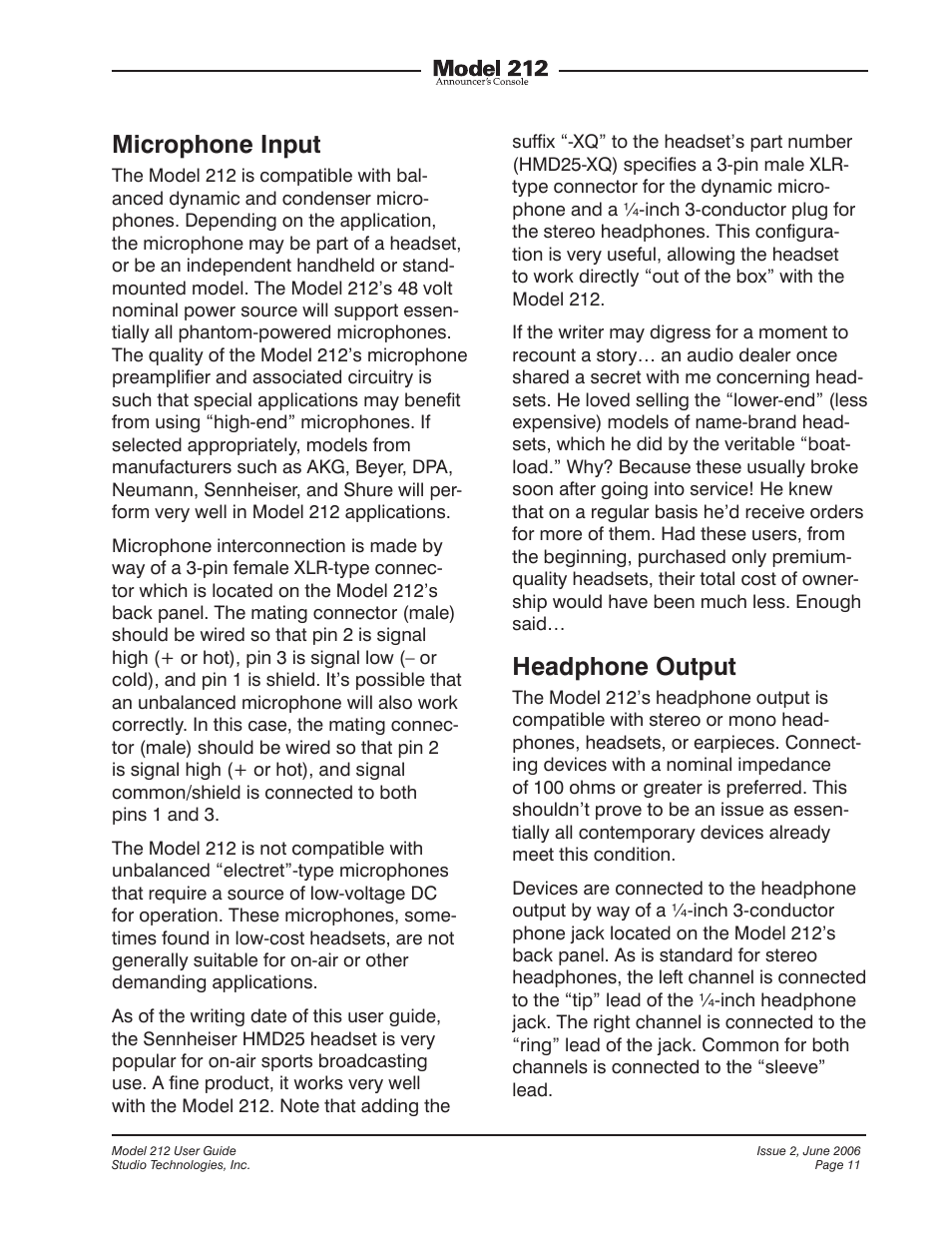 Microphone input, Headphone output | Studio Technologies M212-00151 User Manual | Page 10 / 36