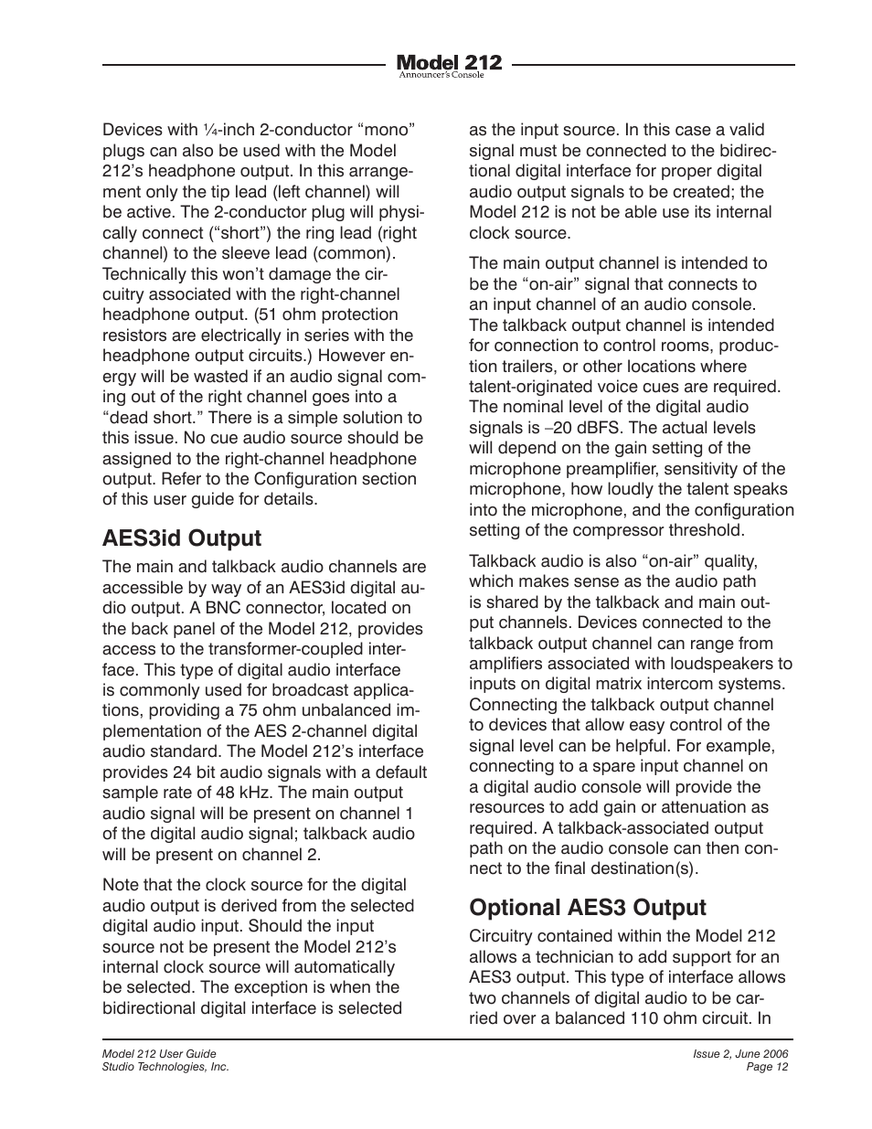 Aes3id output, Optional aes3 output | Studio Technologies M212-00151 User Manual | Page 11 / 36