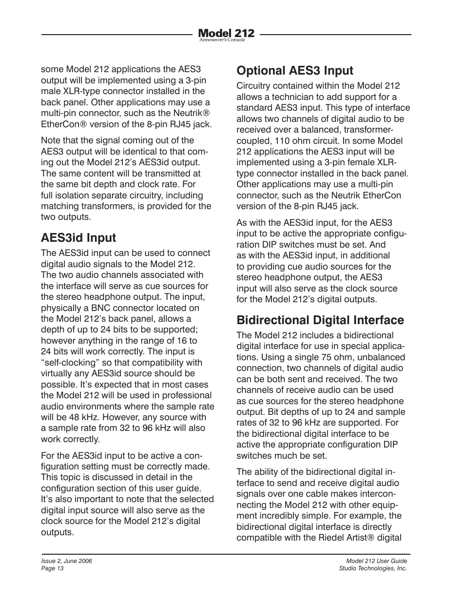 Aes3id input, Optional aes3 input, Bidirectional digital interface | Studio Technologies M212-00151 User Manual | Page 12 / 36