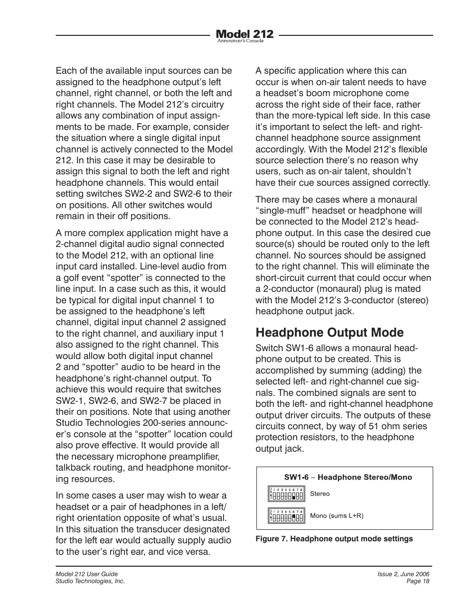 Headphone output mode | Studio Technologies M212-00151 User Manual | Page 17 / 36