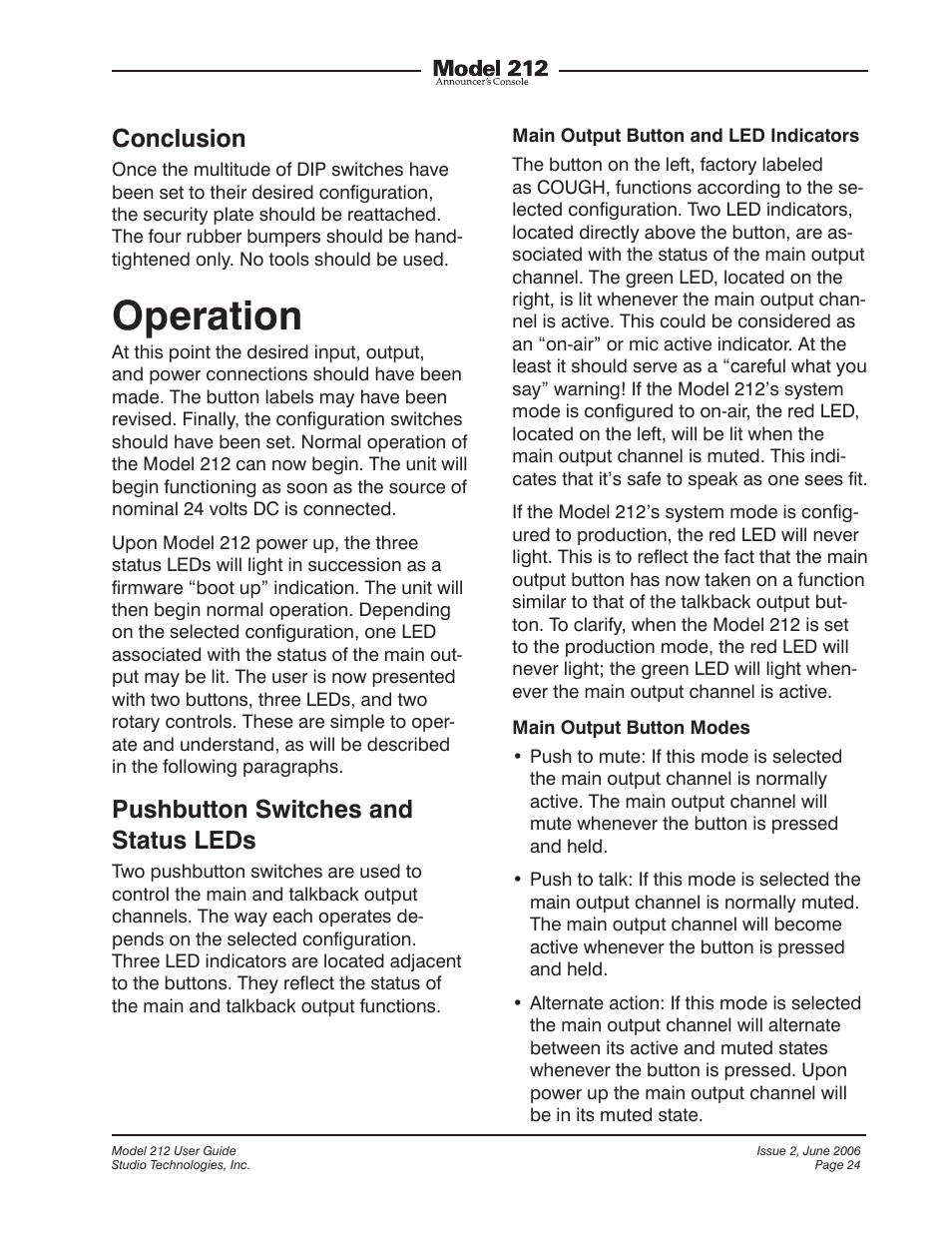 Operation, Conclusion, Pushbutton switches and status leds | Studio Technologies M212-00151 User Manual | Page 23 / 36