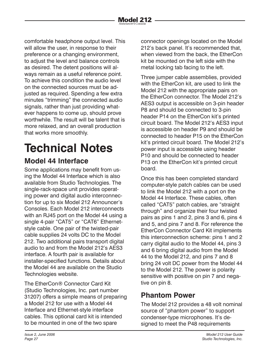 Model 44 interface, Phantom power | Studio Technologies M212-00151 User Manual | Page 26 / 36