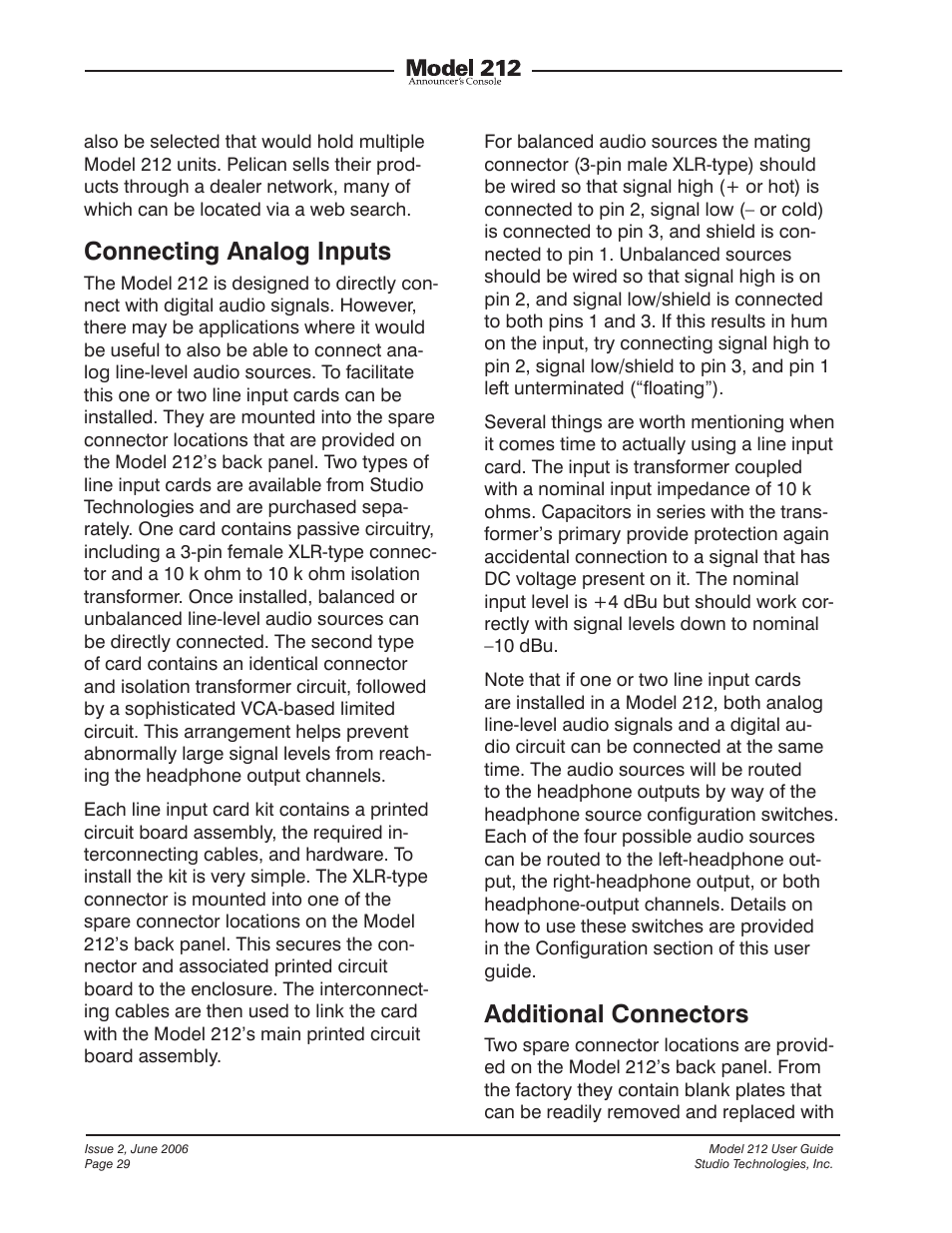 Connecting analog inputs, Additional connectors | Studio Technologies M212-00151 User Manual | Page 28 / 36