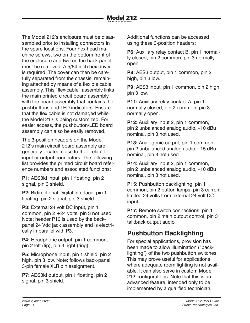 Pushbutton backlighting | Studio Technologies M212-00151 User Manual | Page 30 / 36